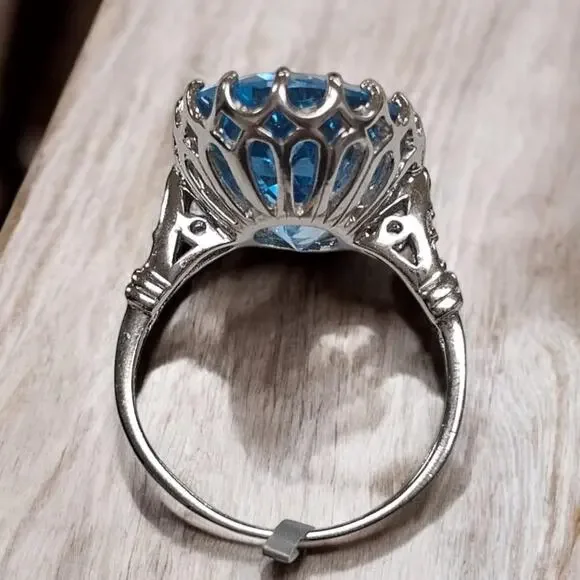 Genuine 16ct Blue Topaz Ring 925 Sterling Silver Rhodium Plated Size 7.75 - Picture 5 of 7